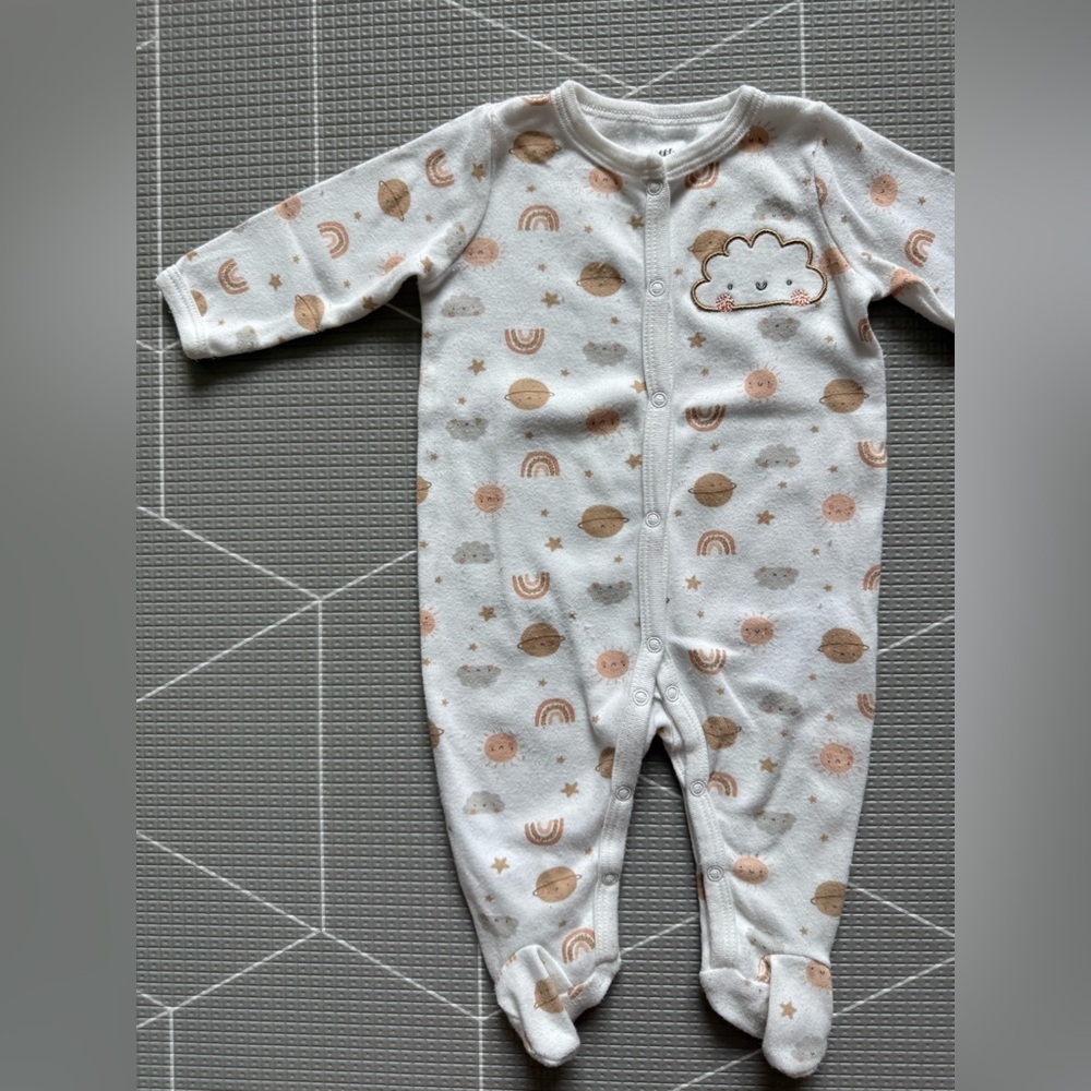 Little & Loved|Baby girl white long sleeve footies,neutral tan rainbow & space•